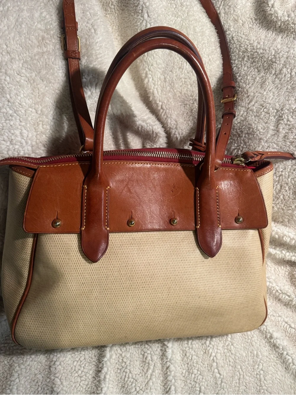 Dooney & Bourke Beige Canvas Satchel with Brown Leather Trim